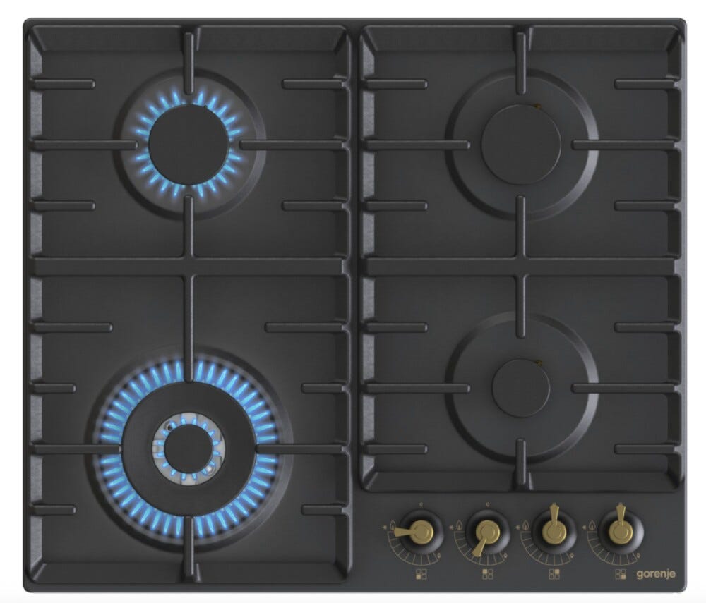 Gorenje GW642CLB Piano cottura a gas cm. 60, 4 fuochi, griglie in ghisa, accensione integrata, nero