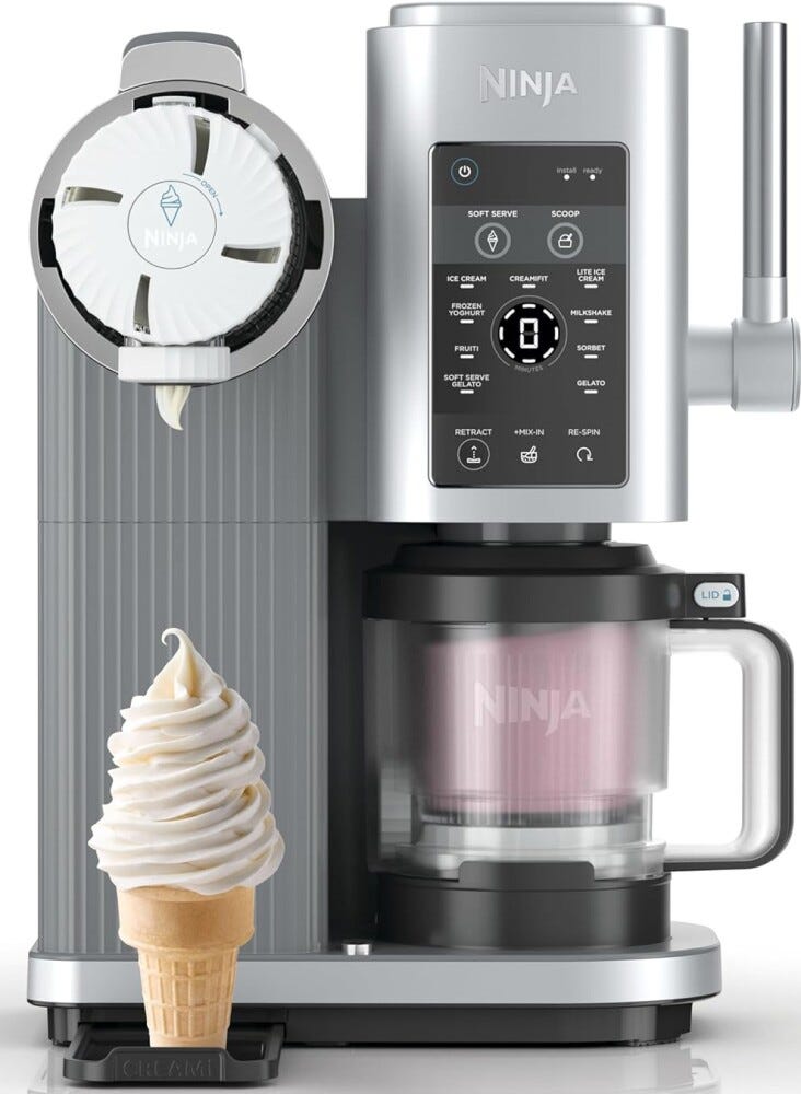 Ninja NC701EU CREAMI Scoop & Swirl Gelatiera, 2 contenitori da 480 ml, 13 programmi, tecnologia Soft Serve, argento