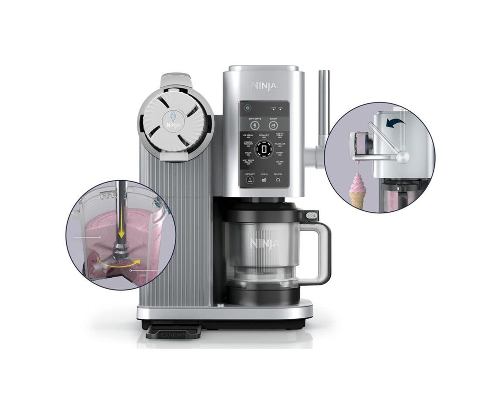 Ninja NC701EU CREAMI Scoop & Swirl Gelatiera, 2 contenitori da 480 ml, 13 programmi, tecnologia Soft Serve, argento