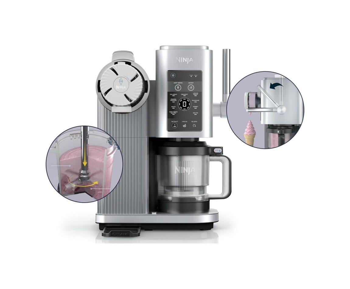 Ninja NC701EU CREAMI Scoop & Swirl Gelatiera, 2 contenitori da 480 ml, 13 programmi, tecnologia Soft Serve, argento