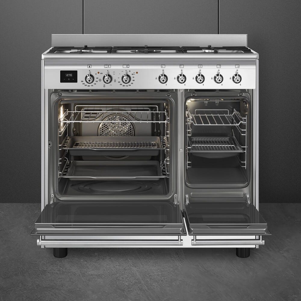 Smeg CX92GM classica Cucina da accosto cm. 90x60, 2 forni elettrici, 5 zone cottura a gas, pulizia idrolitica, inox