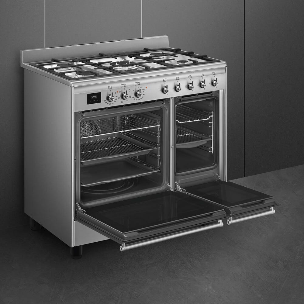 Smeg CX92GM classica Cucina da accosto cm. 90x60, 2 forni elettrici, 5 zone cottura a gas, pulizia idrolitica, inox