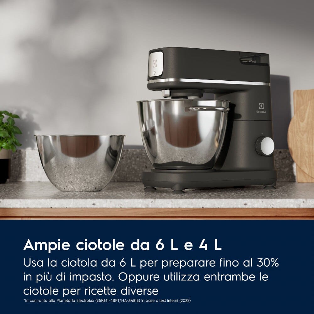 Electrolux E6KM1-8BPT Serie 800 Assistent Impastatrice planetaria, 1200W, Doppia ciotola, Nero