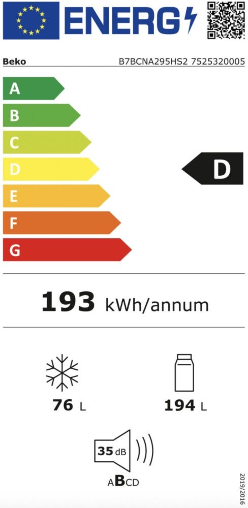 Beko B7BCNA295HS2 pro 700 Frigorifero da incasso cm. 54, capacità 270 L, No Frost, ProSmart™ Inverter
