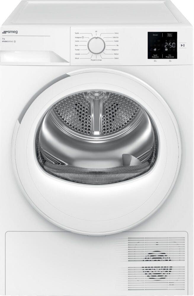 Smeg DRC08EE Asciugatrice slim a pompa di calore, cm. 60, profondità 46 cm, capacità 8 kg, funzione Anti-Piega, bianco