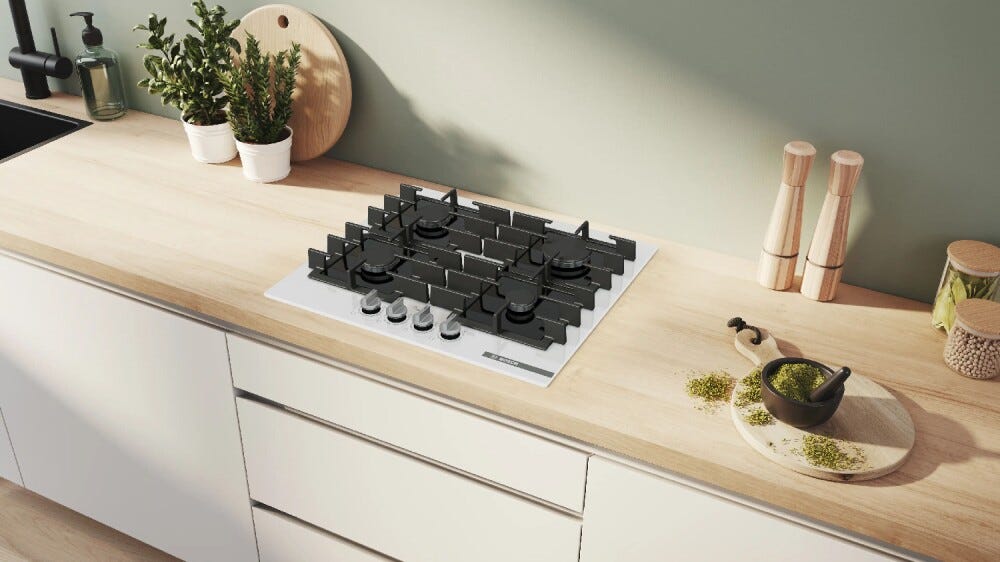 Bosch PPP6A2I40 Serie 6 Piano cottura a gas, 59 cm, 4 Fuochi, Vetro Bianco
