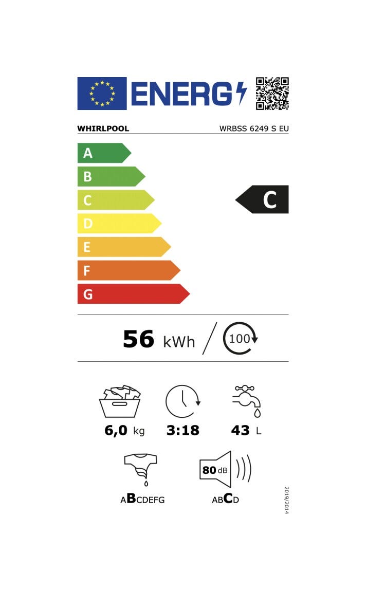 Whirlpool WRBSS 6249 S EU Lavatrice cm. 60, capacità 6 kg, 1200 giri, 6th Sense, motore inverter, bianco
