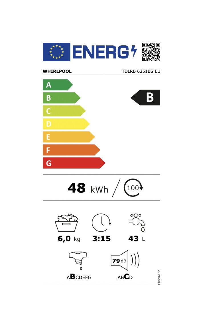 Whirlpool TDLRB 6251BS EU Lavatrice a carica dall'alto cm. 40, capacità 6 kg, 1200 giri, 6th Sense, motore inverter, bianco