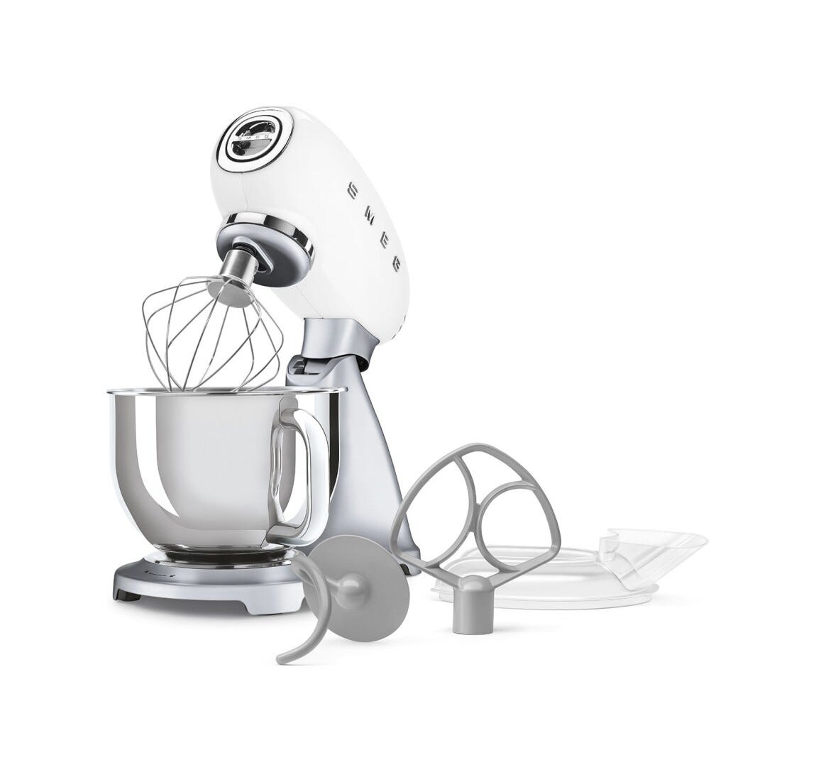 Smeg Selection SMF04WHEU 50's Style Impastatrice, ciotola da 4,8 litri, 800 W, silver, bianco lucido