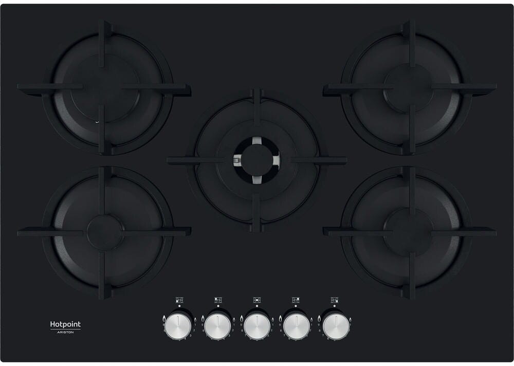 Hotpoint Ariston HAGS 72S BK Piano cottura a gas cm. 73, 5 fuochi, griglie in ghisa, vetro nero