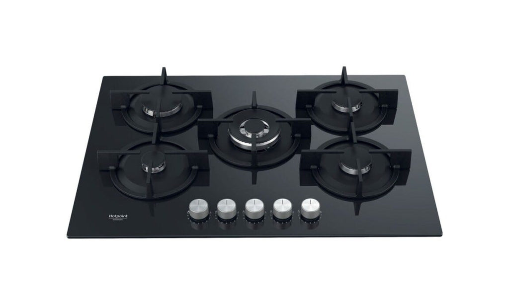 Hotpoint Ariston HAGS 72S BK Piano cottura a gas cm. 73, 5 fuochi, griglie in ghisa, vetro nero
