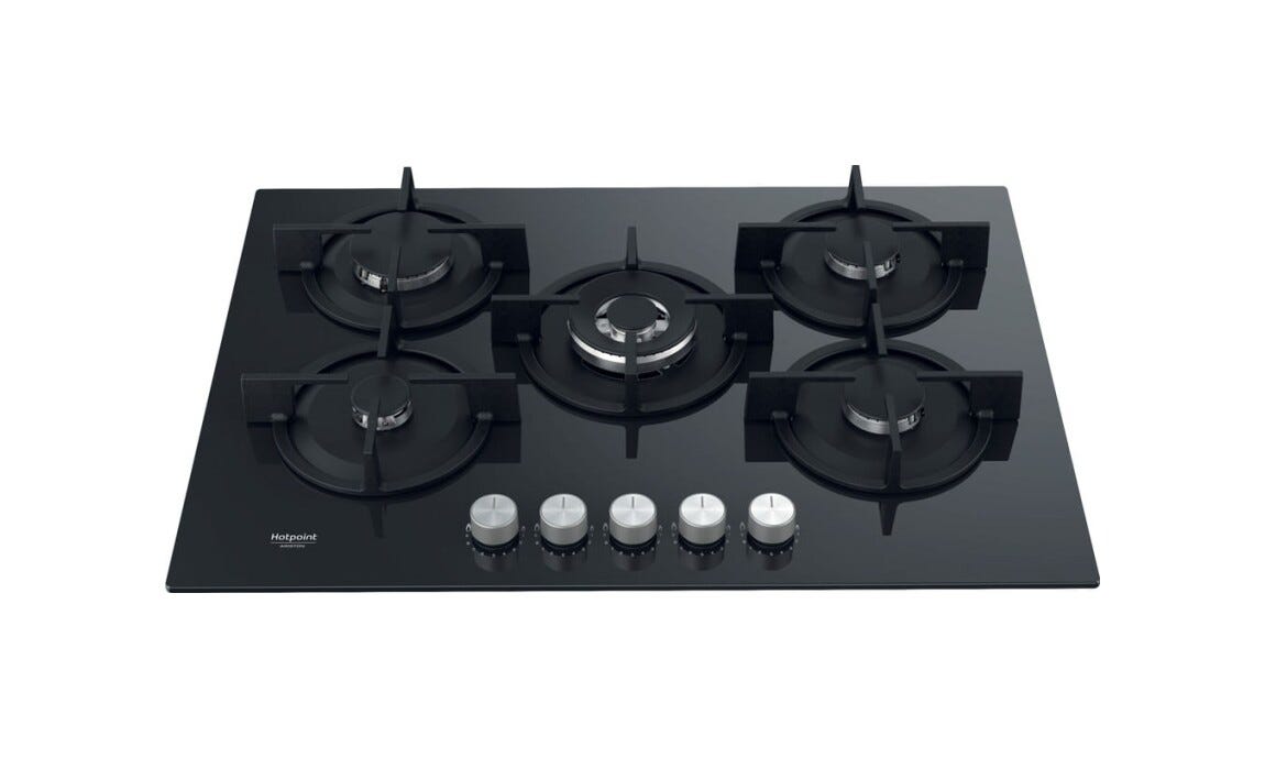 Hotpoint Ariston HAGS 72S BK Piano cottura a gas cm. 73, 5 fuochi, griglie in ghisa, vetro nero
