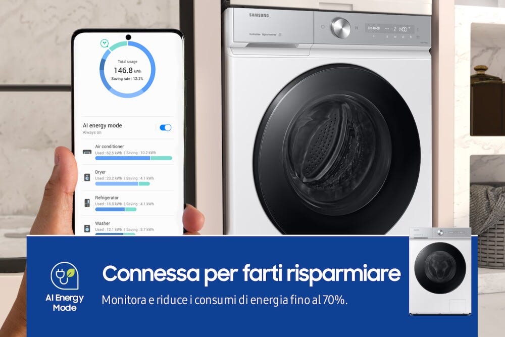 Samsung WW90DB8U95GHU3 Bespoke AI™ Quickdrive Lavatrice a carica frontale, 9 kg, centrifuga 1400 giri, WiFi, con ecodosatore e tecologia AI Ecobubble™, bianco