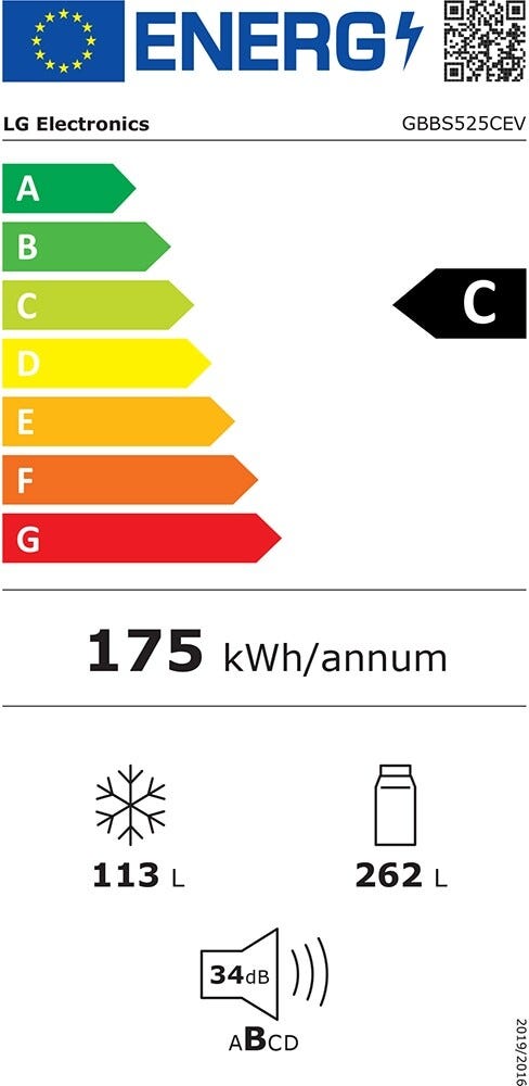 LG GBBS525CEV Frigorifero con congelatore a libera installazione, 375 L, Smart Inverter, Door & Linear Cooling, Classe C, nero