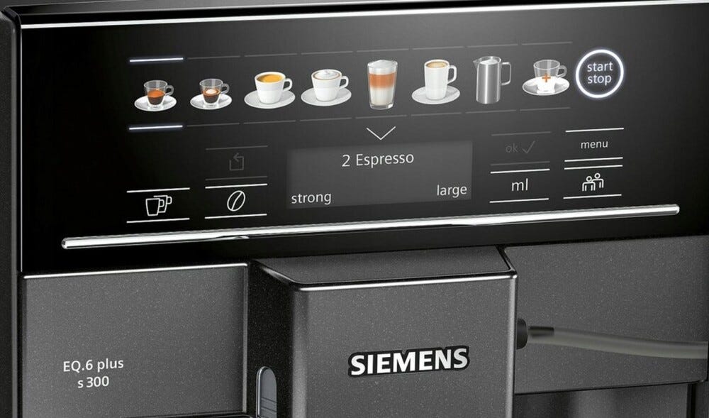 Siemens TE653M19RW EQ6 plus s300 Macchina da caffè automatica, sistema latte integrato, display touch, nero zaffiro metallizzato