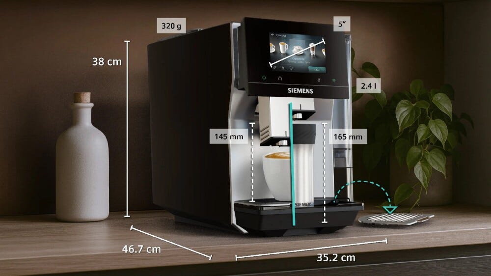 Siemens TP725EM7 EQ700 iAroma Macchina da caffè automatica, macinacaffè e sistema latte integrato, funzione Coldbrew, display touch, Home Connect, silver