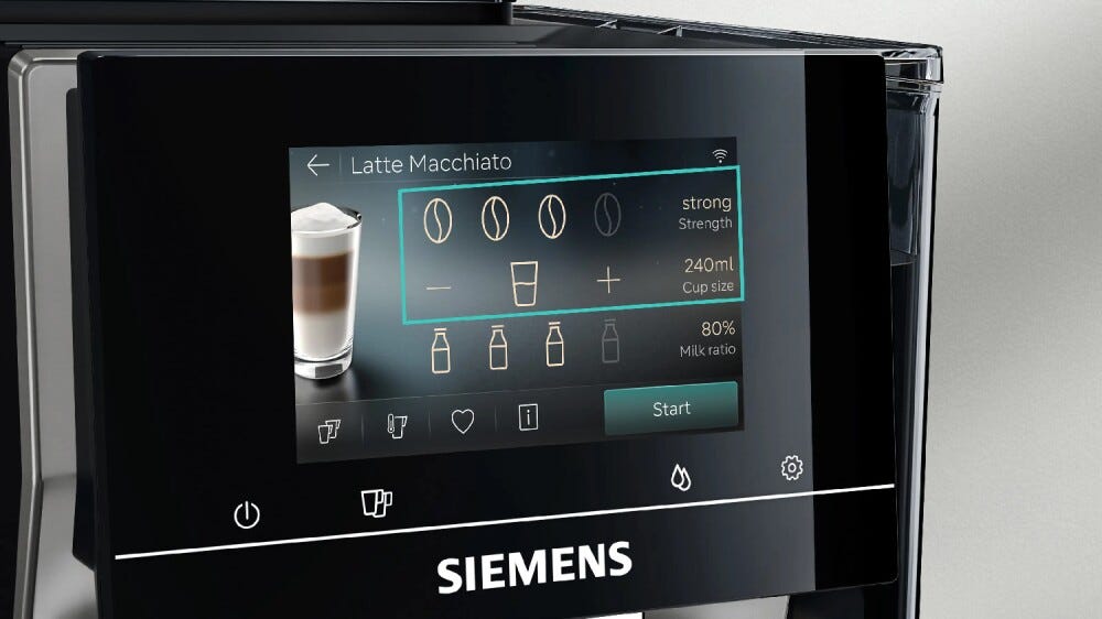 Siemens TP725EM7 EQ700 iAroma Macchina da caffè automatica, macinacaffè e sistema latte integrato, funzione Coldbrew, display touch, Home Connect, silver