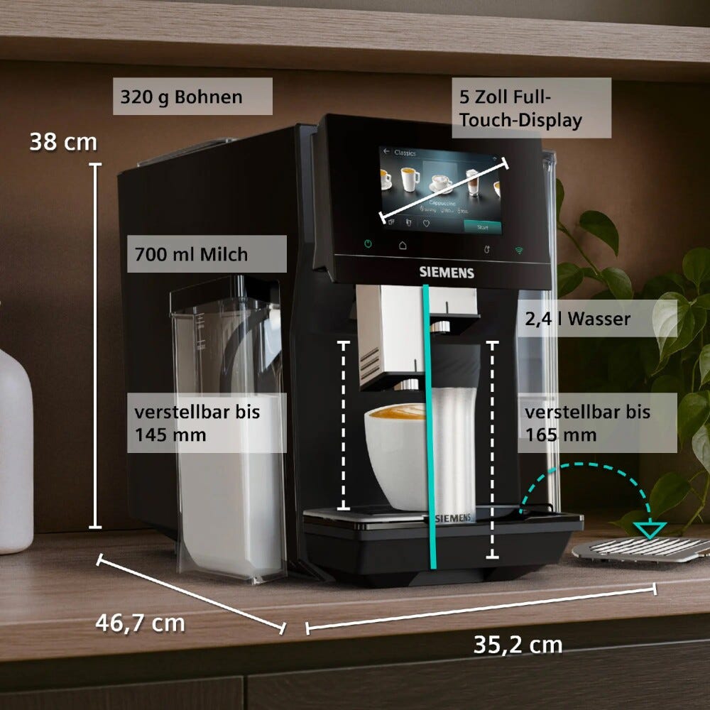 Siemens TQ725E03 EQ700 iAroma Macchina da caffè automatica, macinacaffè e sistema latte integrato, funzione Coldbrew, display touch, Home Connect, nero