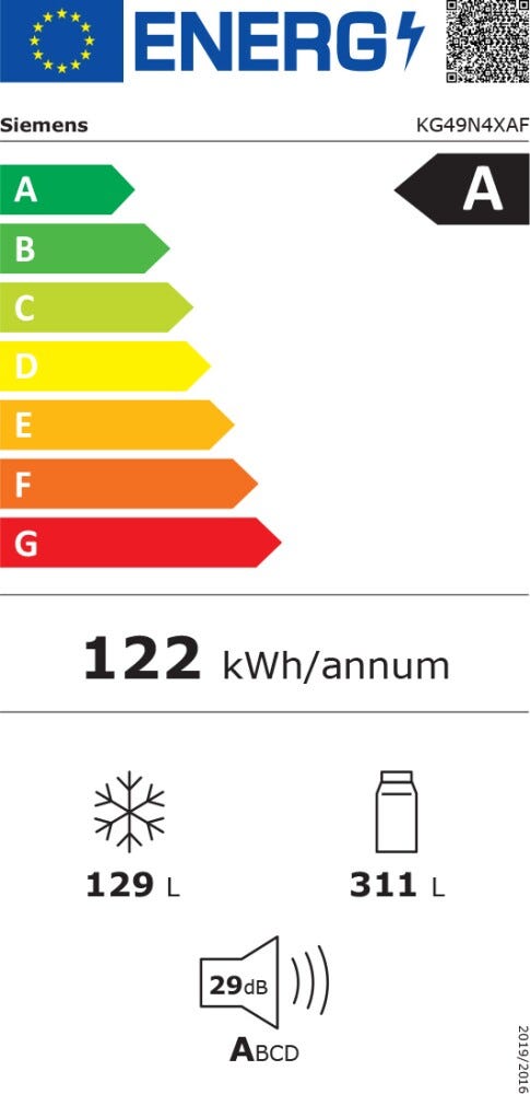 Siemens KG49N4XAF iQ500 Frigorifero con congelatore a libera installazione cm. 70, altezza 203, 440 litri, Total NoFrost, nero anti-impronta