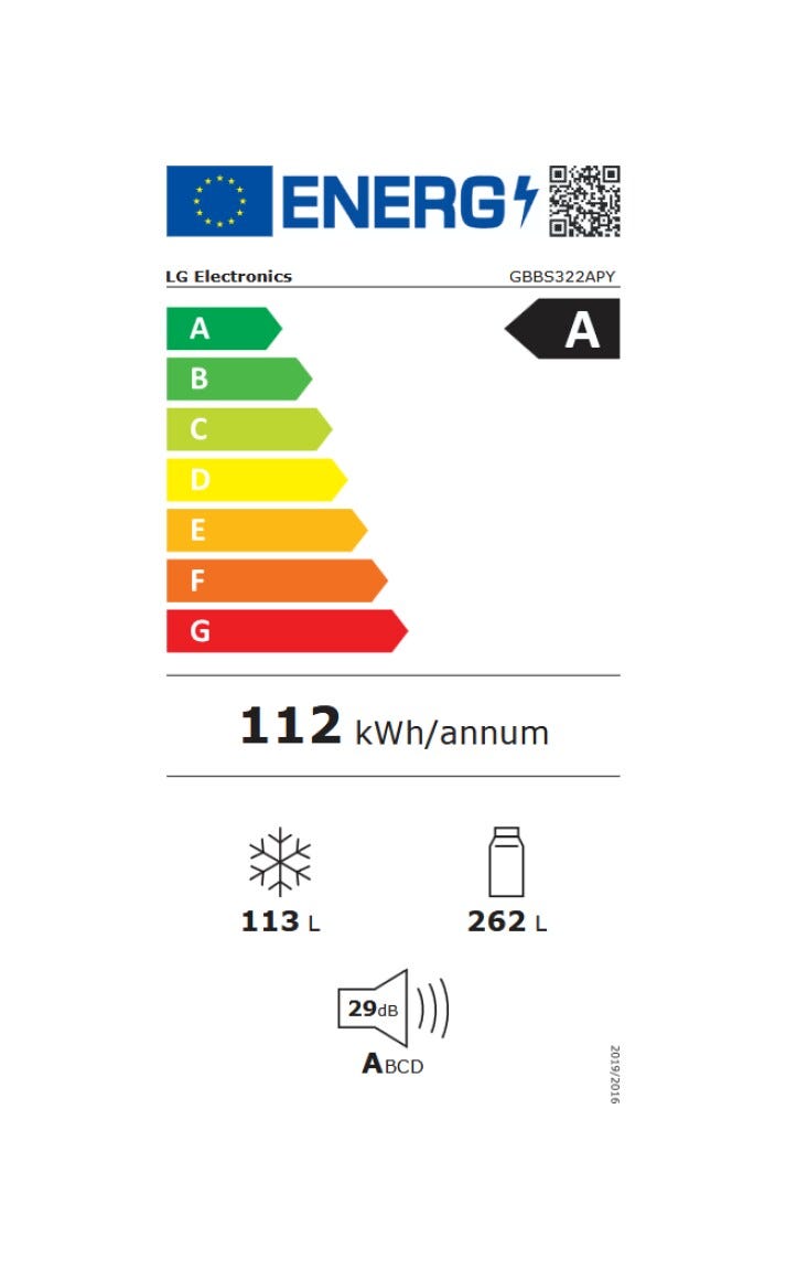 LG GBBS322APY Frigorifero con congelatore a libera installazione 60 cm 375 L, AI Inverter, Door & Linear Cooling, Classe A