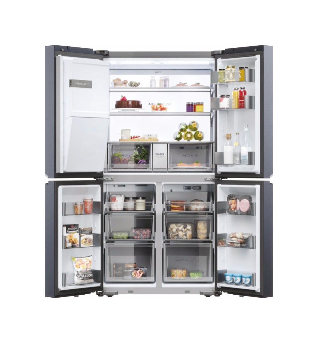 Haier HCR7918EIMB Frigorifero con congelatore 4 porte cm. 91, capacità 601 litri, Total No Frost, Air Surround, Switch Zone, brushed black