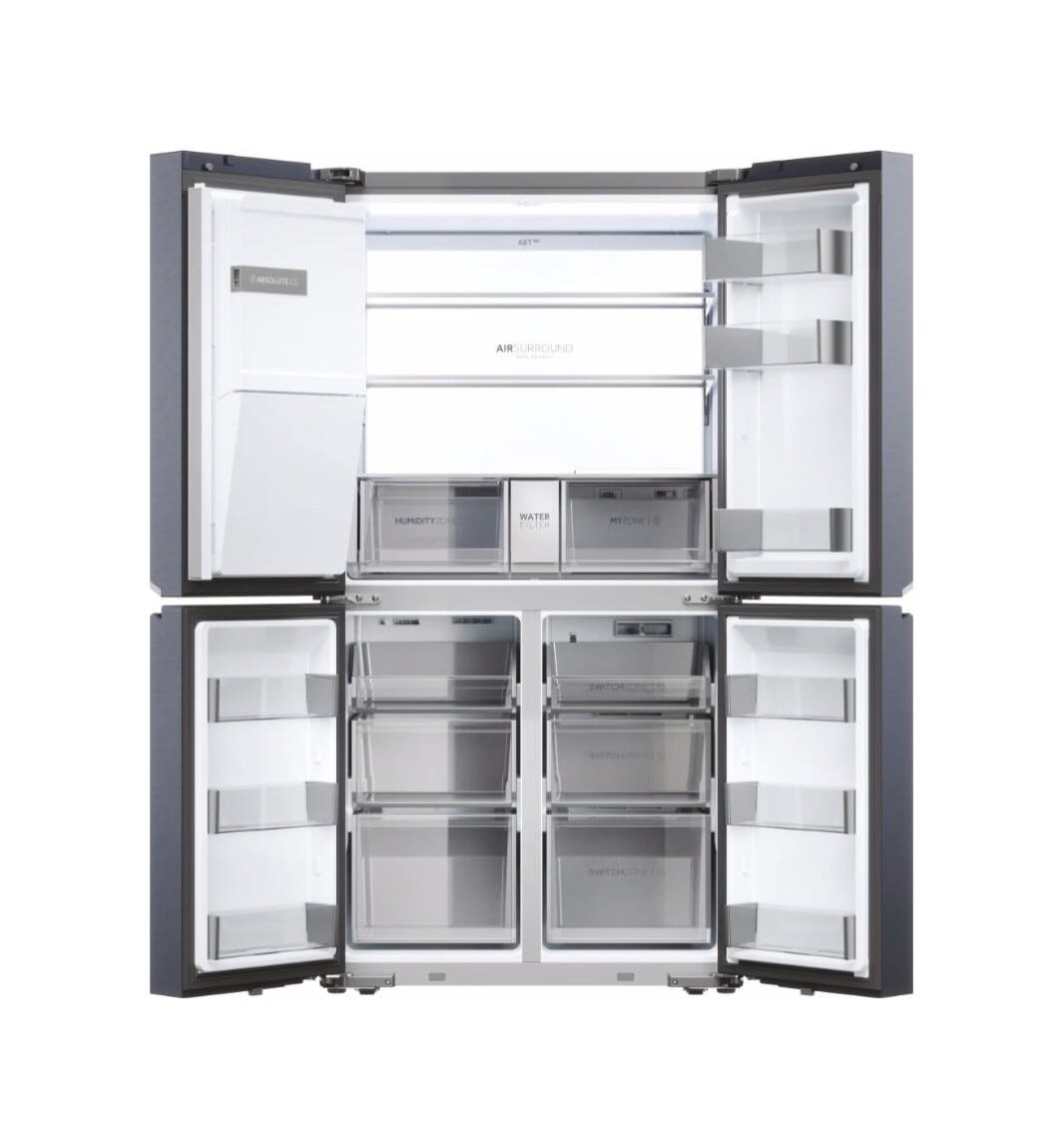 Haier HCR7918EIMB Frigorifero con congelatore 4 porte cm. 91, capacità 601 litri, Total No Frost, Air Surround, Switch Zone, brushed black