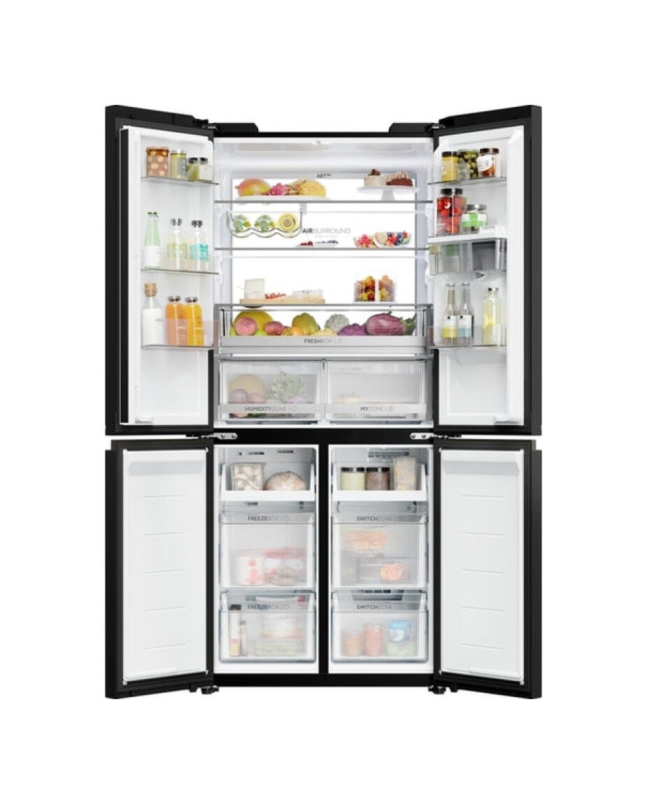 Haier HCKR7819DWGB Frigorifero con congelatore 4 porte cm. 83, capacità 459 litri, Total No Frost Air Surround, MyZone, Humidity Zone, nero