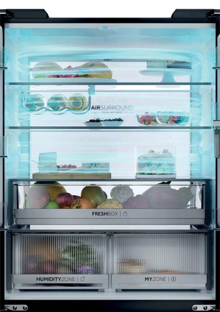 Haier HCKR7819DWGB Frigorifero con congelatore 4 porte cm. 83, capacità 459 litri, Total No Frost Air Surround, MyZone, Humidity Zone, nero