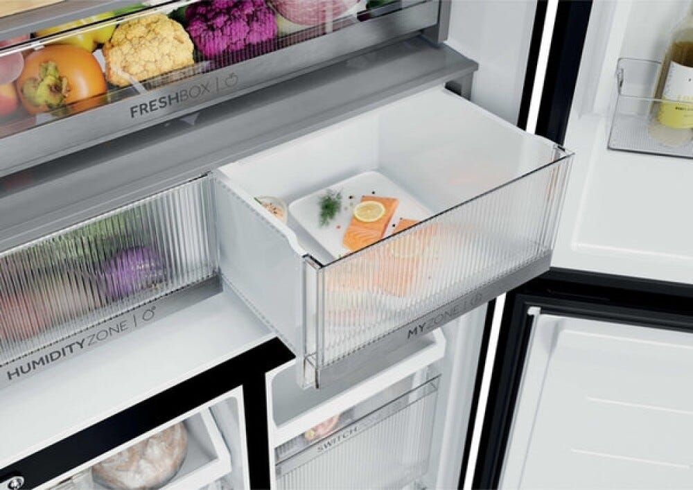 Haier HCKR7819DWGB Frigorifero con congelatore 4 porte cm. 83, capacità 459 litri, Total No Frost Air Surround, MyZone, Humidity Zone, nero