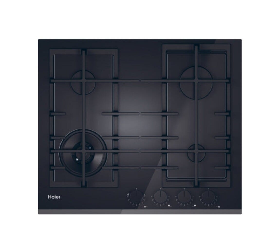 Haier HAVG6BF4TBPB Gas On Glass Serie 4 Piano cottura a gas cm. 60, 4 bruciatori, doppia corona, griglie in ghisa, vetro nero