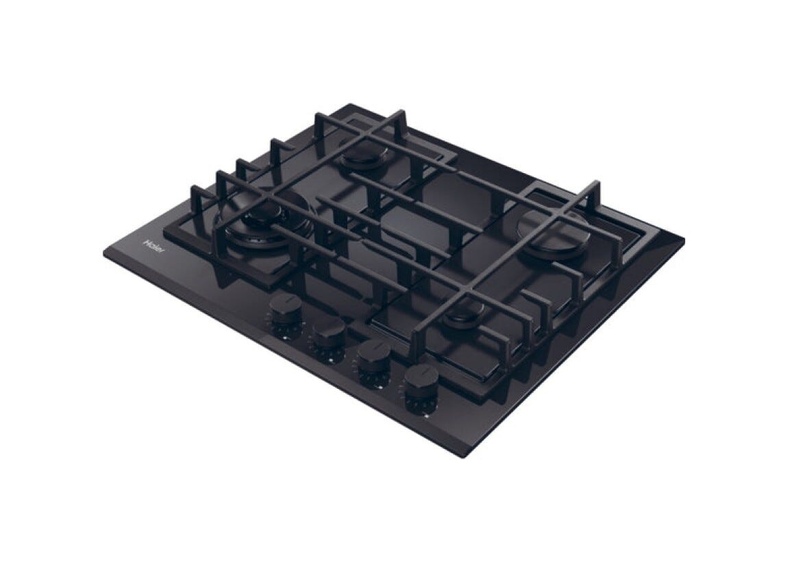 Haier HAVG6BF4TBPB Gas On Glass Serie 4 Piano cottura a gas cm. 60, 4 bruciatori, doppia corona, griglie in ghisa, vetro nero