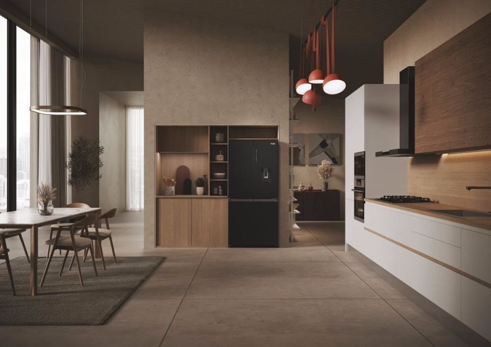 Haier HCR3818EWPT Multidoor Cube 83 Serie 3 Frigorifero con congelatore 4 porte cm. 83, capacità 463 litri, No Frost, Air Surround, dispenser acqua, nero
