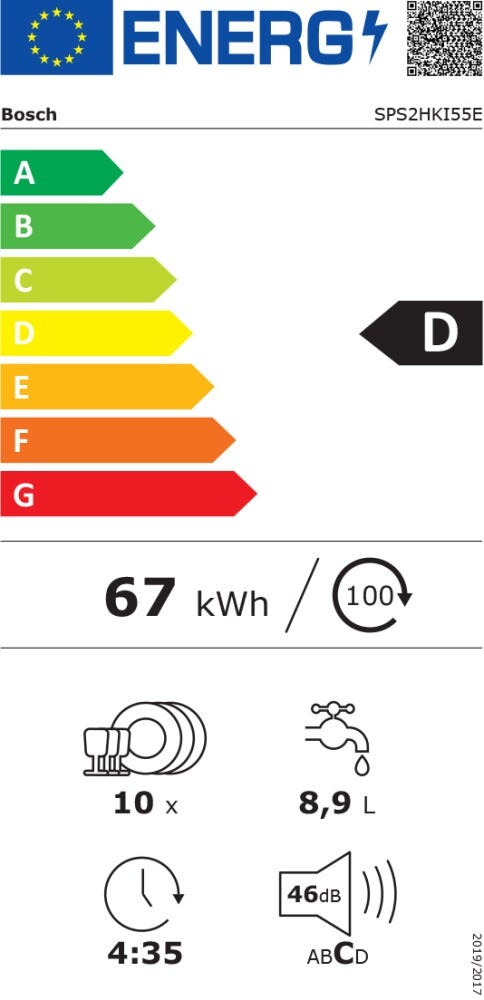 Bosch SPS2HKI55E serie 2 Lavastoviglie slim a libera installazione cm. 45, 10 coperti, Home Connect, piano removibile, inox anti-impronta