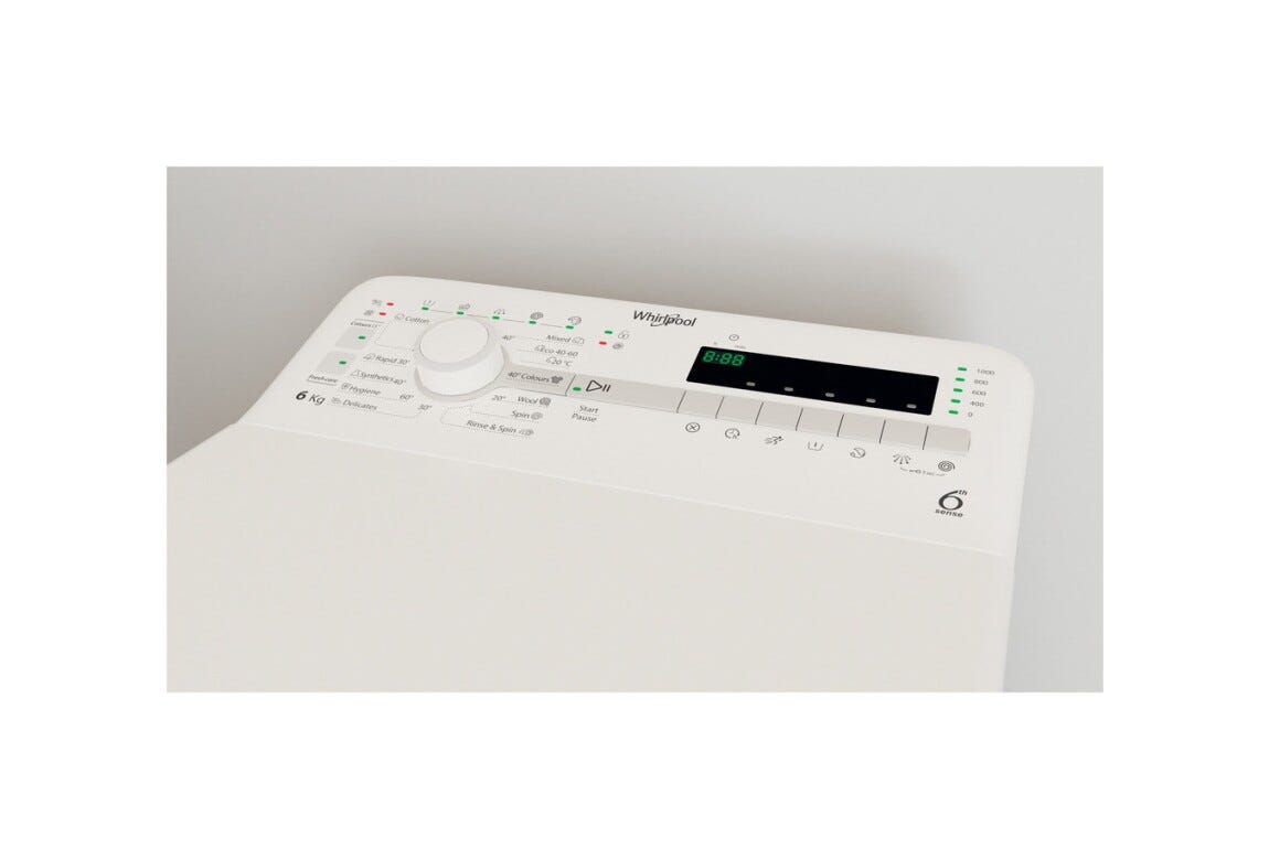 Whirlpool TDLR 6040S EU/N Lavatrice a libera installazione, carica dall'alto, 6 kg, 6th Sense, Colours 15°, Programma Rapido 30', Bianco