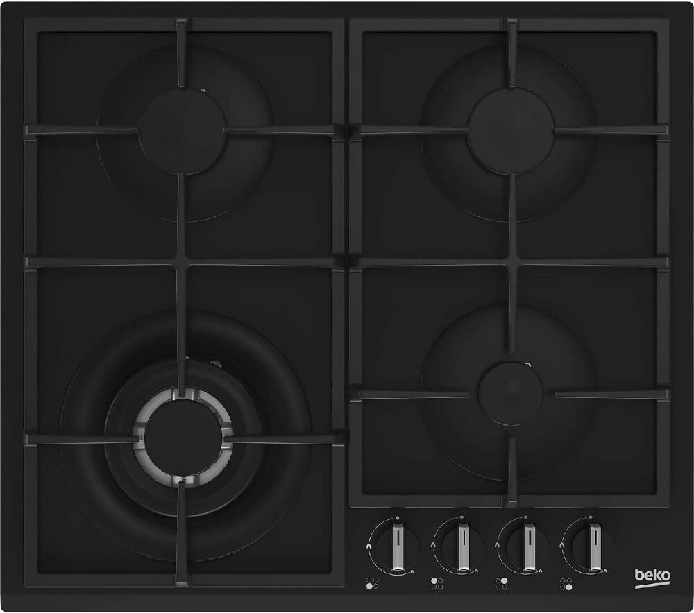 Beko HBIAG64225SBP bPRO 500 Piano cottura a gas cm. 59, 4 bruciatori gas, wok, griglie in ghisa, Extra Space, nero