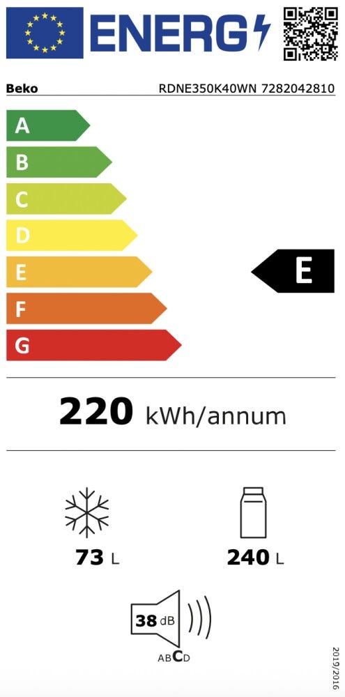 Beko RDNE350K40WN b100 Frigorifero con congelatore cm. 60, capacità 313 litri, doppia porta, No Frost, ProSmart™ Inverter, bianco
