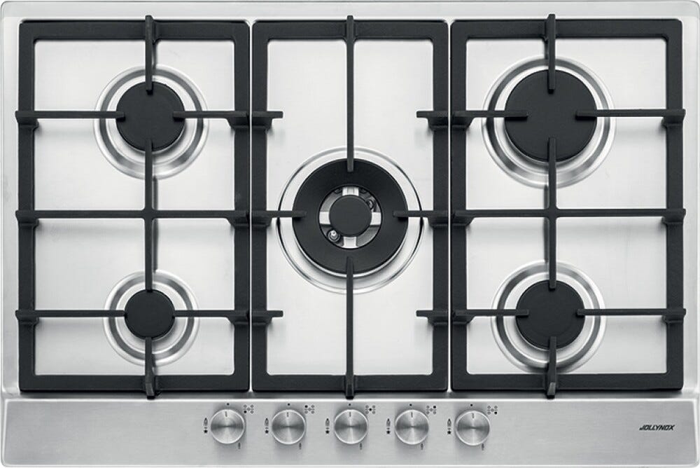 Jollynox 1PVP75 Vega Plus Piano cottura a gas cm. 75, 5 bruciatori, griglie in ghisa, Wok, inox
