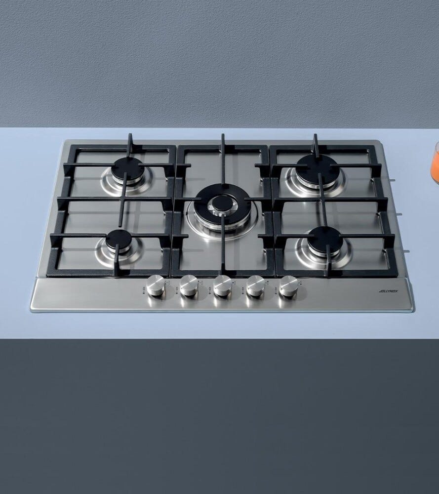 Jollynox 1PVP75 Vega Plus Piano cottura a gas cm. 75, 5 bruciatori, griglie in ghisa, Wok, inox