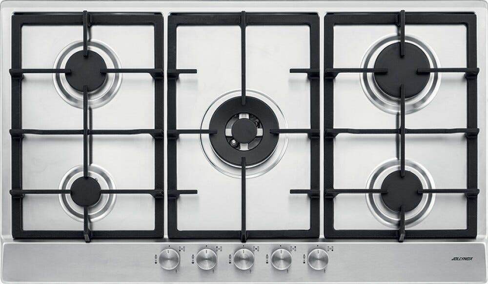 Jollynox 1PVP95 Vega Plus Piano cottura a gas cm. 86, 5 bruciatori, griglie in ghisa, Wok centrale, manopole, inox