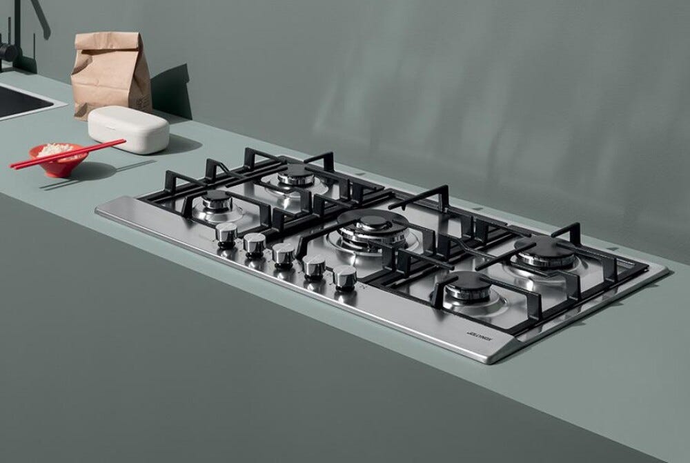 Jollynox 1PVP95 Vega Plus Piano cottura a gas cm. 86, 5 bruciatori, griglie in ghisa, Wok centrale, manopole, inox