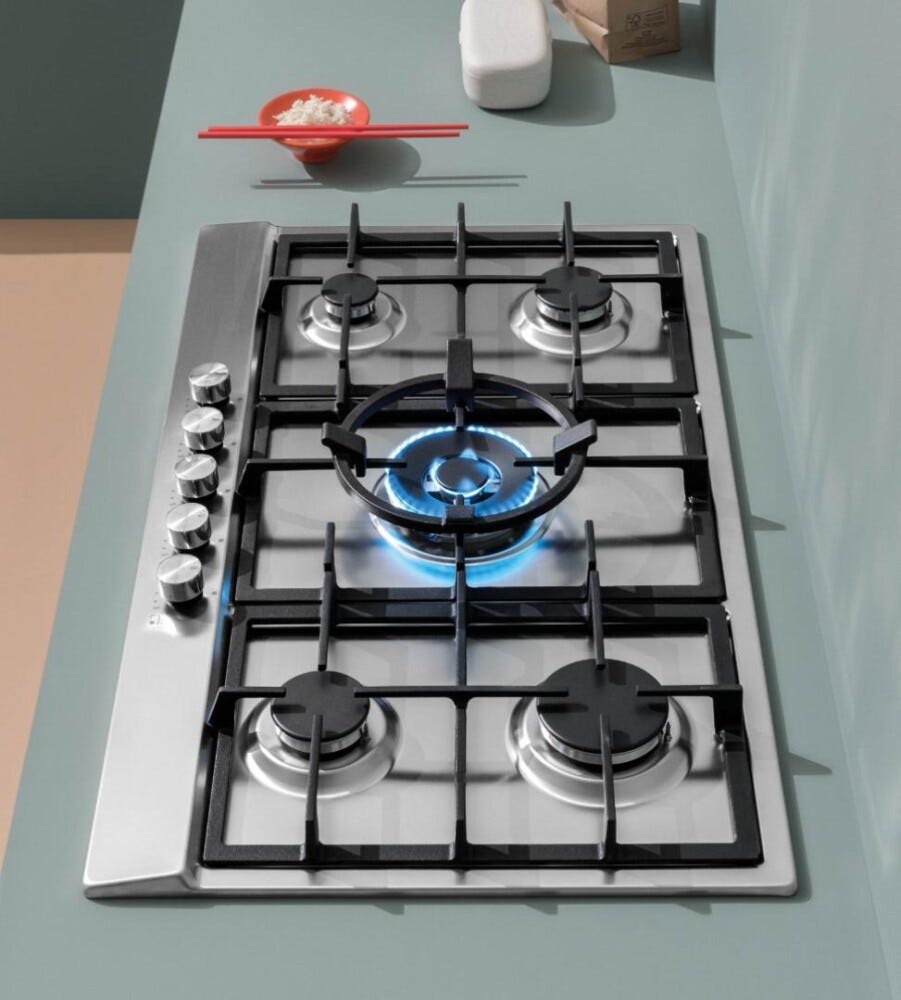 Jollynox 1PVP95 Vega Plus Piano cottura a gas cm. 86, 5 bruciatori, griglie in ghisa, Wok centrale, manopole, inox