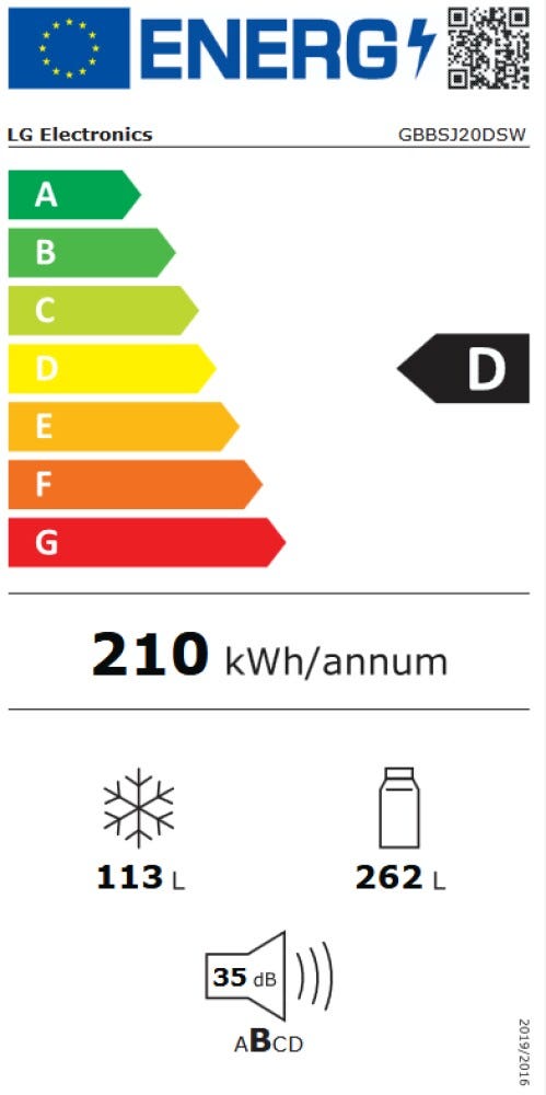 LG GBBSJ20DSW Frigorifero con congelatore a libera installazione 375 L, DoorCooling+, Linear Cooling, Inverter, bianco