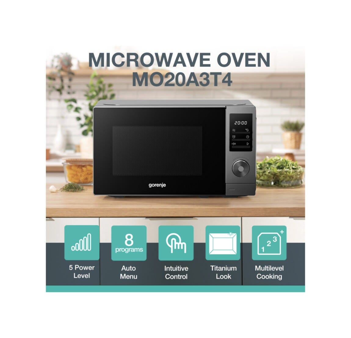 Gorenje MO20A3T4 Forno a microonde cm. 44, capacità 20 litri, 700 W, 5 livelli, AutoMenu, AquaClean, grigio/nero