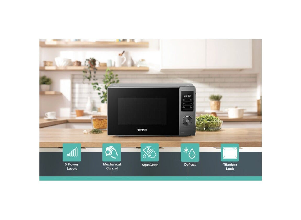 Gorenje MO20A3T4 Forno a microonde cm. 44, capacità 20 litri, 700 W, 5 livelli, AutoMenu, AquaClean, grigio/nero