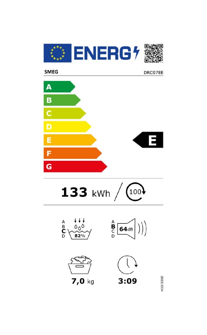 Smeg DRC07EE Nova Care Asciugatrice slim a pompa di calore, capacità 7 kg, cm. 60, profondità 46 cm, funzione Anti-Piega, bianco
