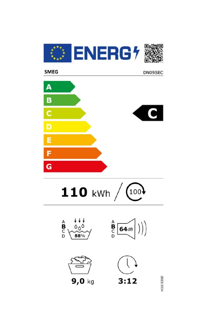 Smeg DN09SEC Nova Care Asciugatrice a pompa di calore, cm. 60, capacità 9 kg, funzione vapore, partenza differita, bianco