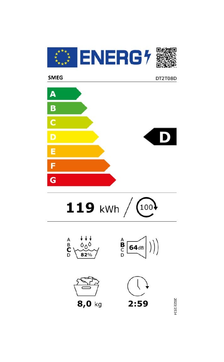 Smeg DT2T08D Asciugatrice a pompa di calore, cm. 60, capacità 8 kg, bianco