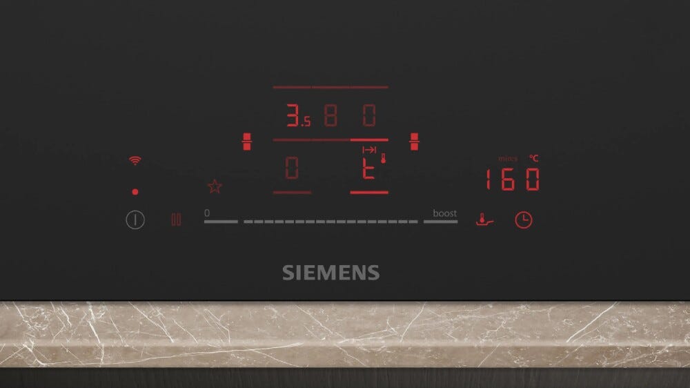 Siemens ED81AHQ26E iQ500 Piano cottura a induzione cm. 80 con cappa integrata, 4 zone cottura, potenza max. 622 m3/h, 2 combizone, Home Connect, vetroceramica nero opaco