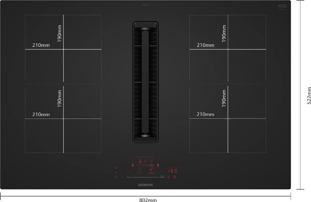 Siemens ED81AHQ26E iQ500 Piano cottura a induzione cm. 80 con cappa integrata, 4 zone cottura, potenza max. 622 m3/h, 2 combizone, Home Connect, vetroceramica nero opaco