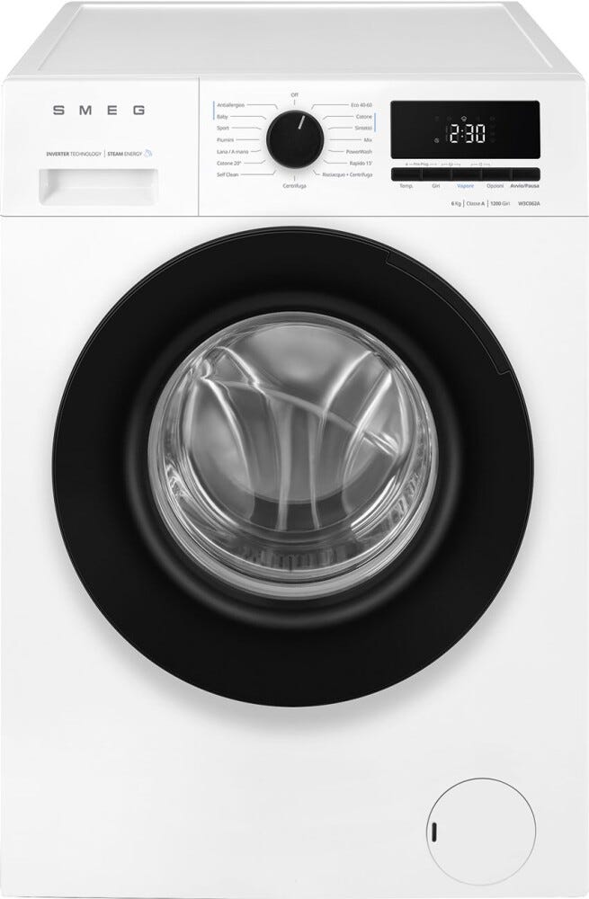 Smeg W3C062A Lavatrice slim cm. 60, profondità 46 cm, capacità 6 kg, funzione vapore, centrifuga 1200 giri/min, fine programmata, bianco